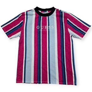 Guess Originals LA Striped T-Shirt Small S Embroidered Pink Blue White Retro